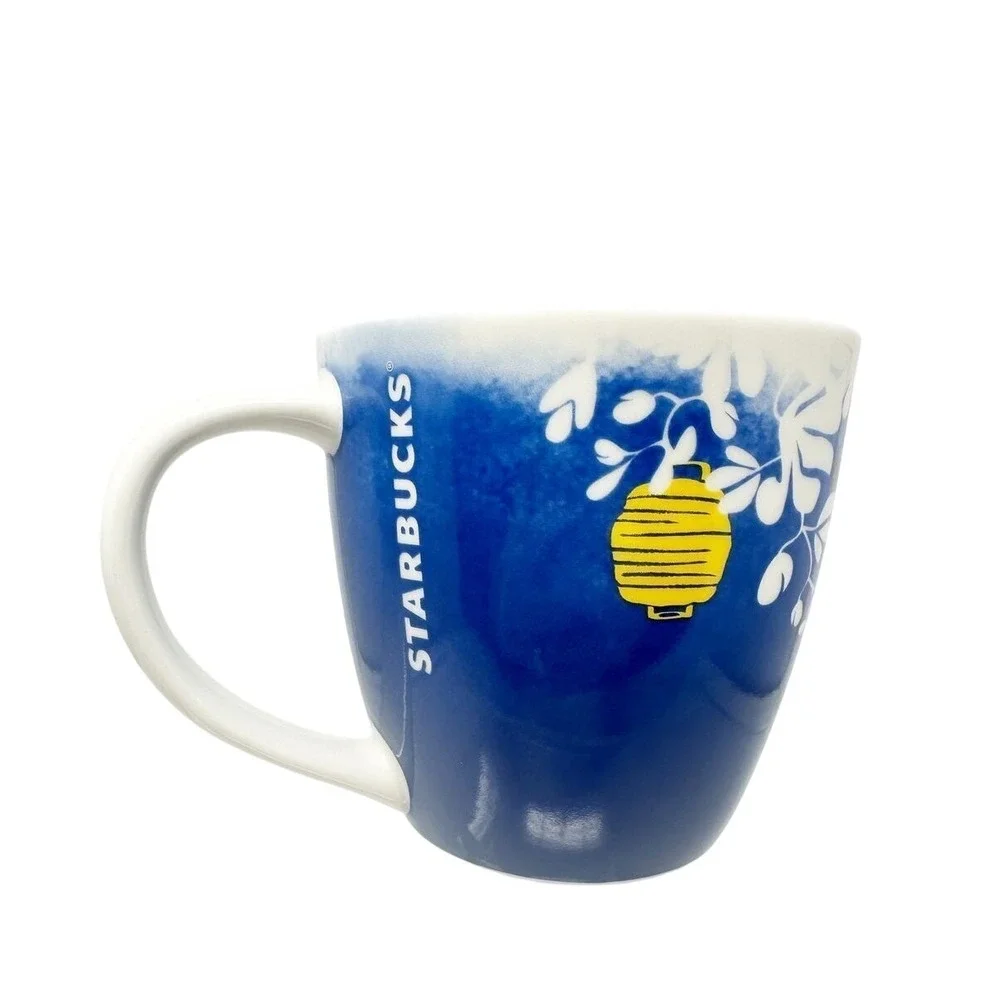 VERY RARE Starbucks Japanese Mug with Lanterns and Floral Motif Blue Yellow Gold
